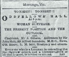 Public Notice For A Meeting On The Present And Outlook Of Woman's Suffrage To Be Held At The Oddfellows Hall, Lichfield Street, Chch